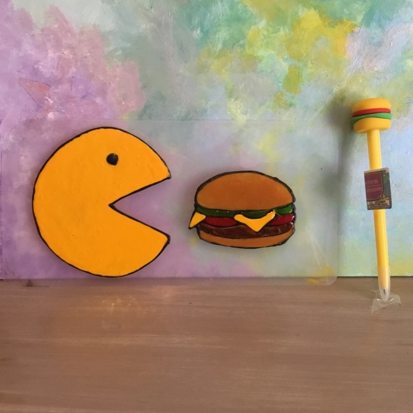 PAC MAN and Hamburger Hand Painted Stained Glass Window Clings and Pen - Picture 1 of 2